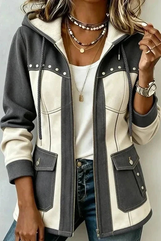 Giacca donna bicolore con cappuccio zip e tasche applicate