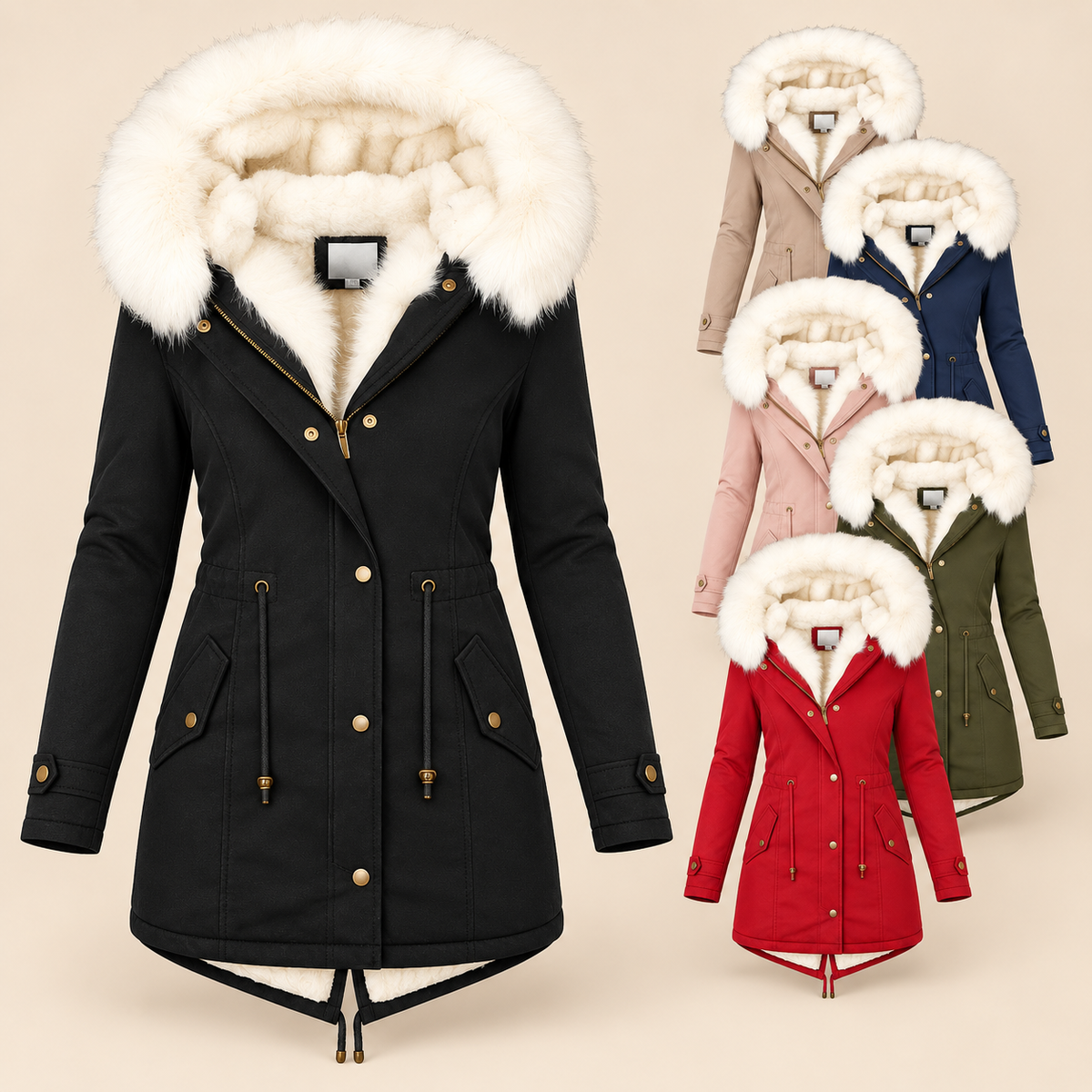 Parka lunga donna in poliestere con cappuccio e vita regolabile