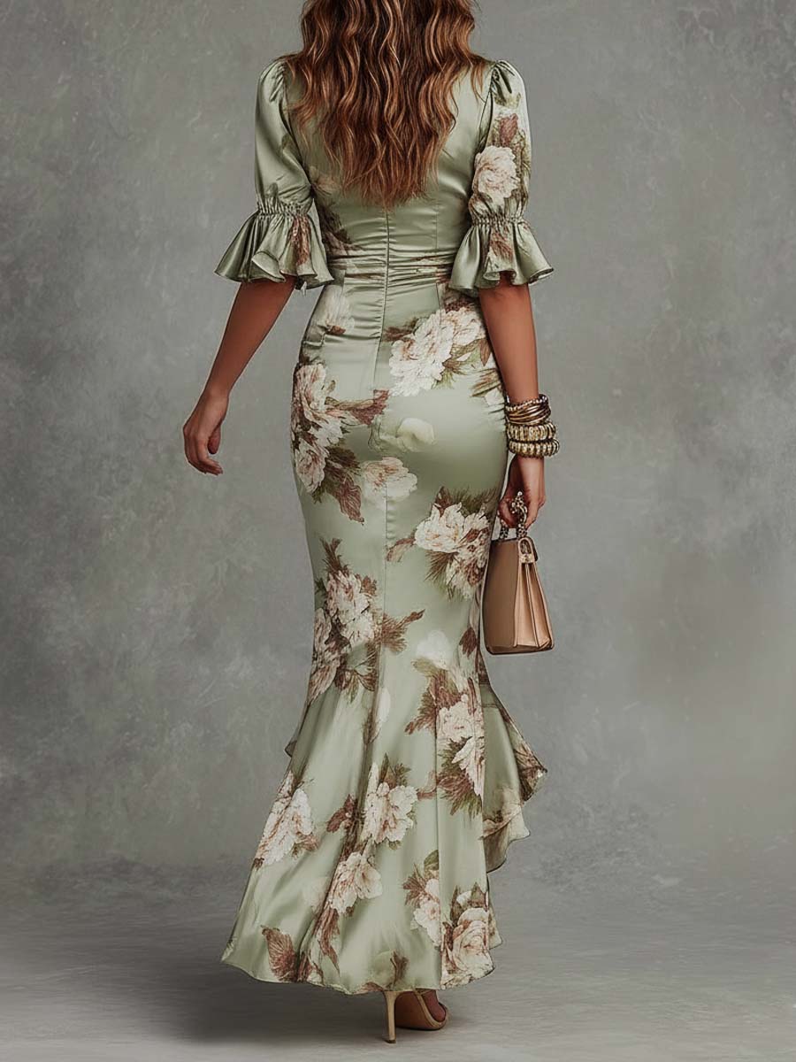 Abito lungo donna in satin floreale con scollo a V
