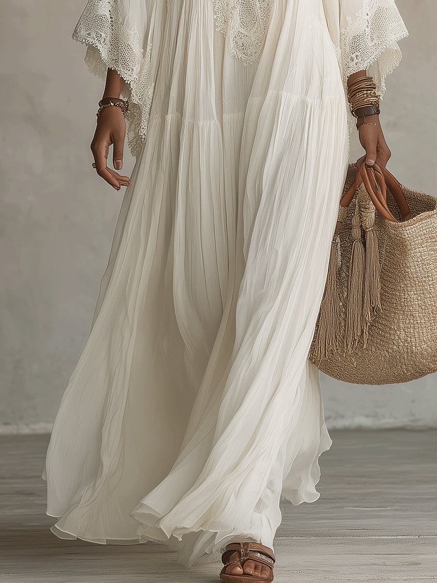 Abito lungo donna bianco bohemien con pizzo e scollo a V