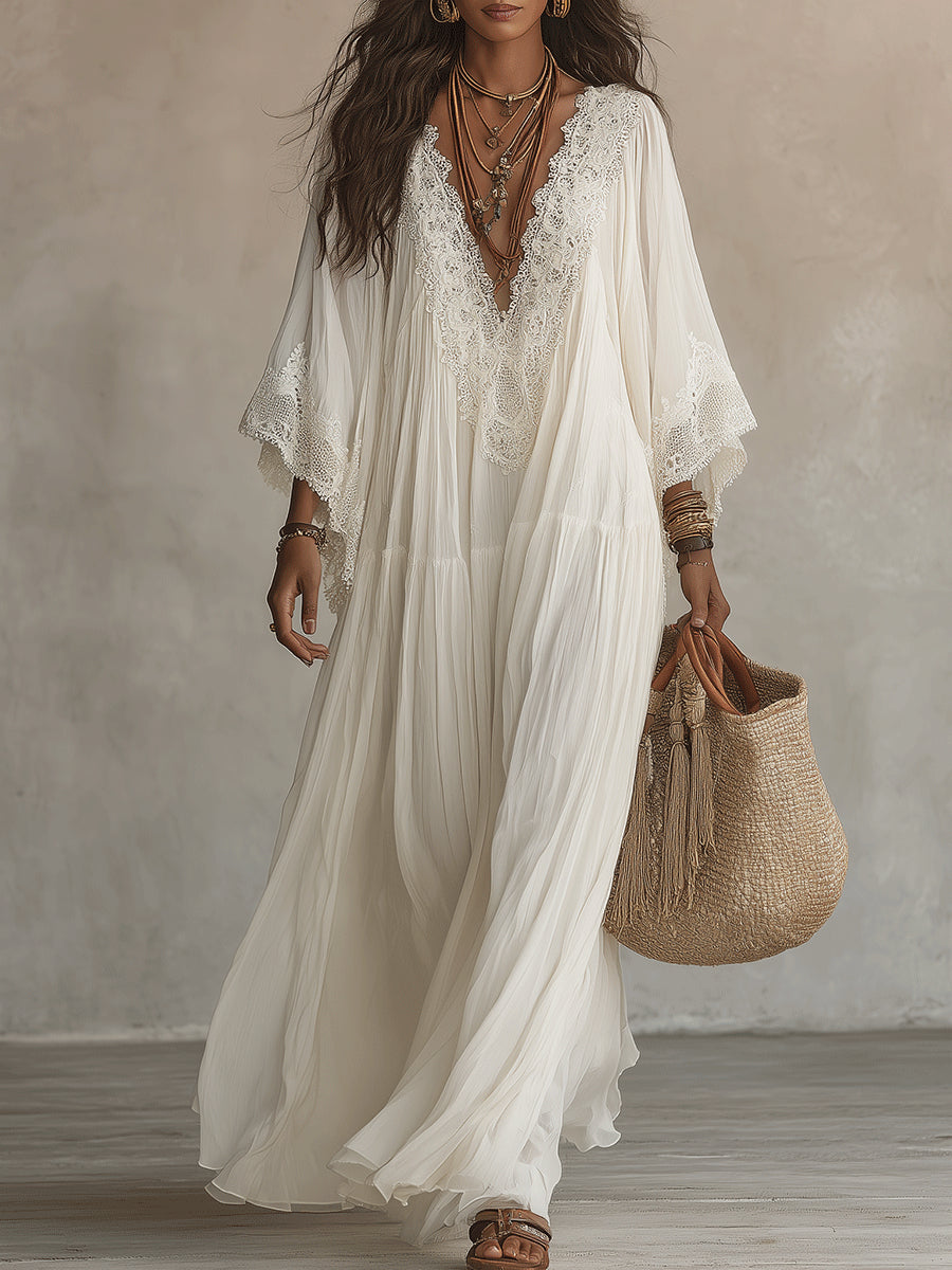 Abito lungo donna bianco bohemien con pizzo e scollo a V