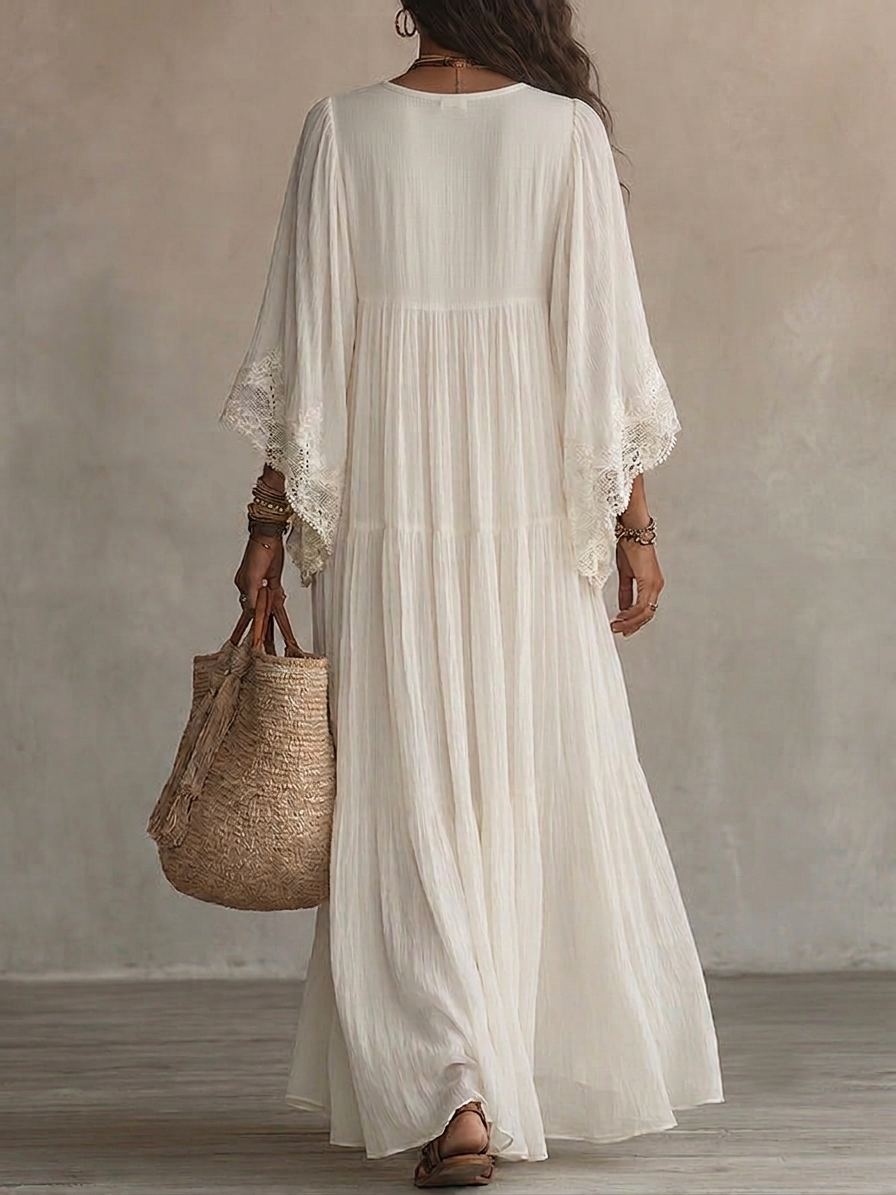 Abito lungo donna bianco bohemien con pizzo e scollo a V