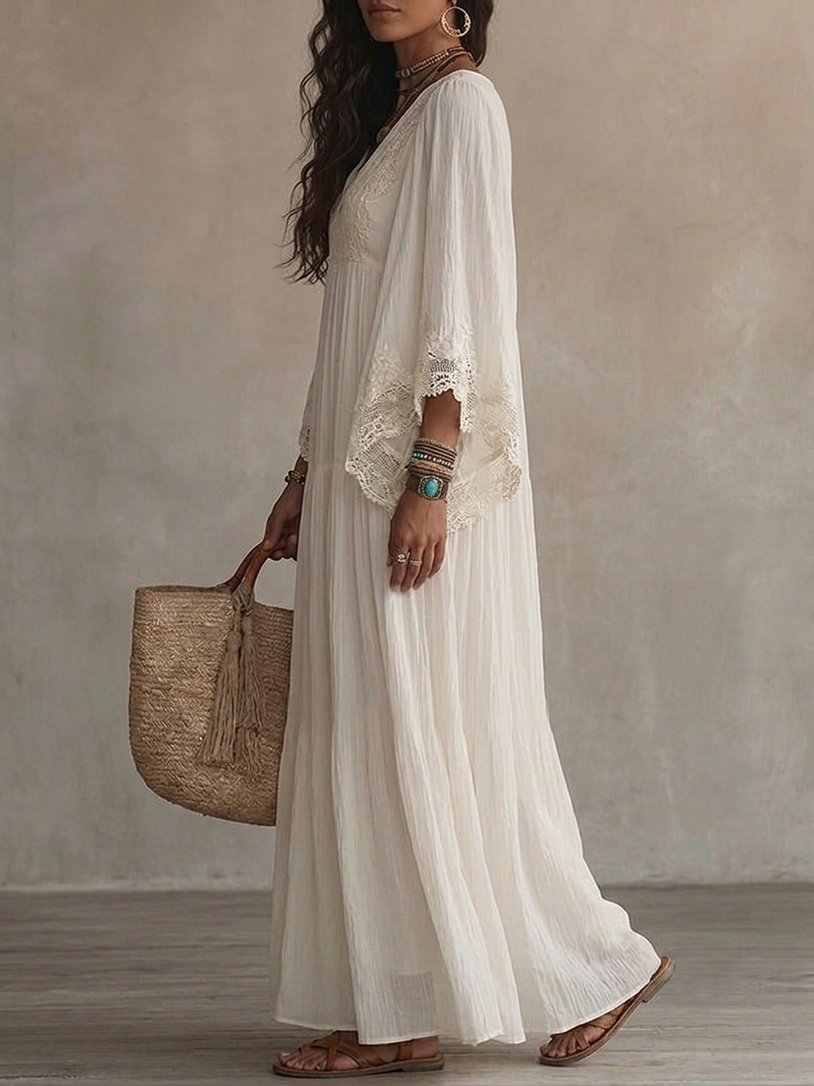 Abito lungo donna bianco bohemien con pizzo e scollo a V