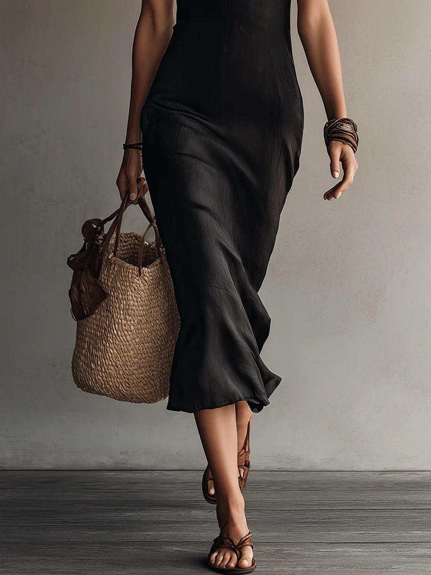 Abito midi nero donna con scollo a V e dettagli in pizzo