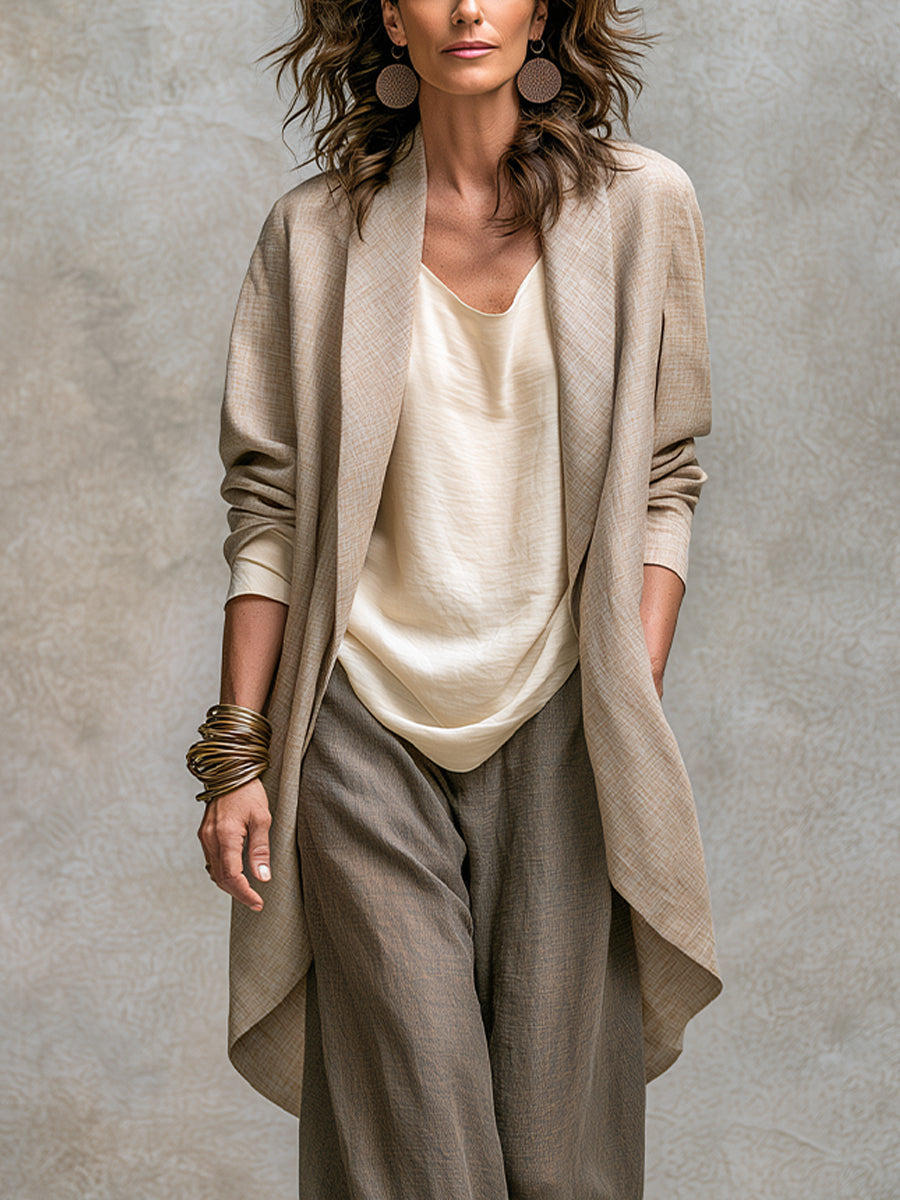 Completo donna tre pezzi fluido con cardigan aperto e pantaloni larghi