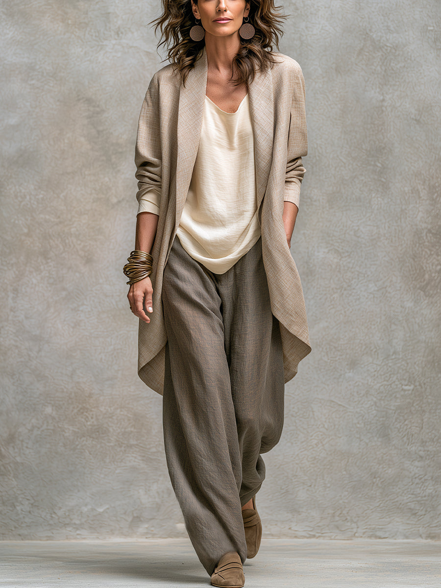 Completo donna tre pezzi fluido con cardigan aperto e pantaloni larghi