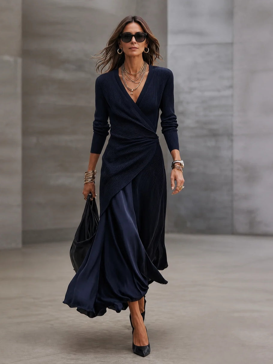 Abito maxi donna a portafoglio con gonna fluida in satin