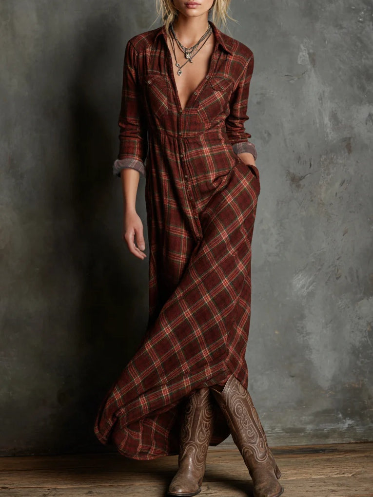 Abito camicia lungo donna a quadri con bottoni frontali