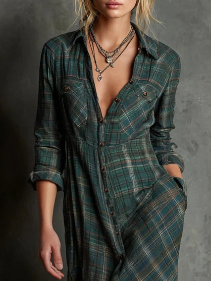 Abito camicia lungo donna a quadri con bottoni frontali