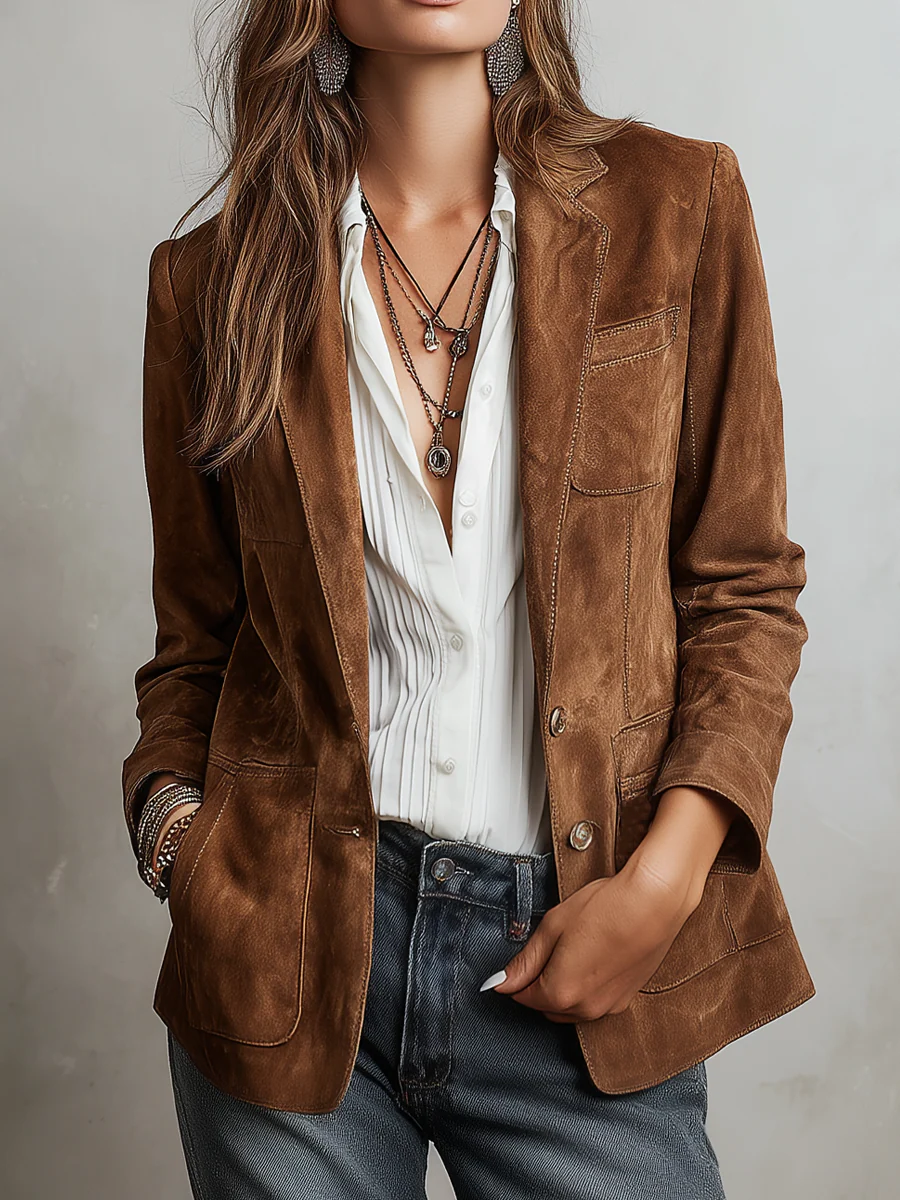 Blazer donna vintage con revers, bottoni e tasche applicate
