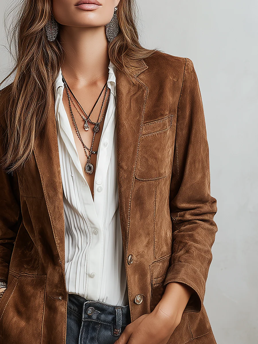 Blazer donna vintage con revers, bottoni e tasche applicate