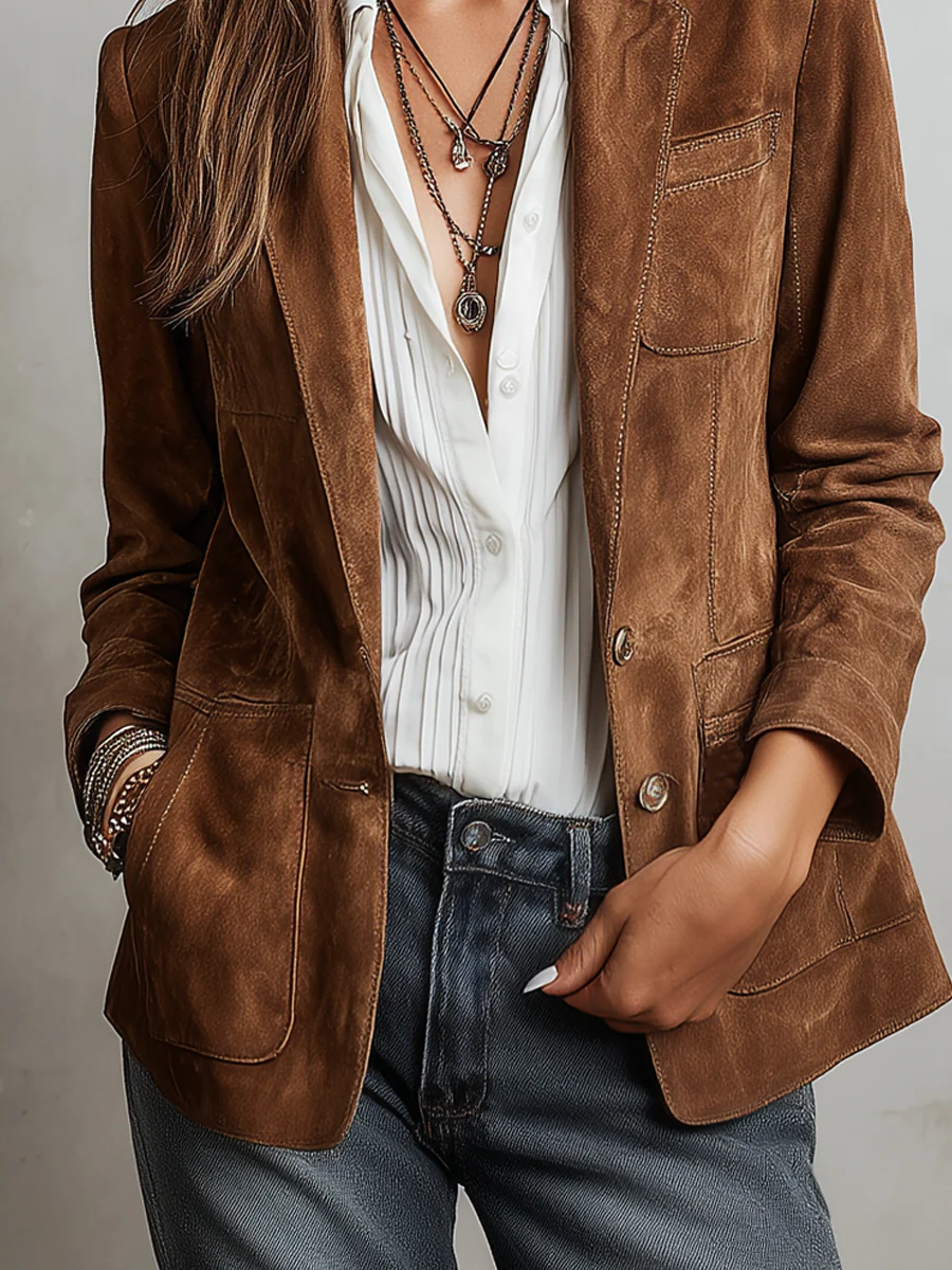 Blazer donna vintage con revers, bottoni e tasche applicate