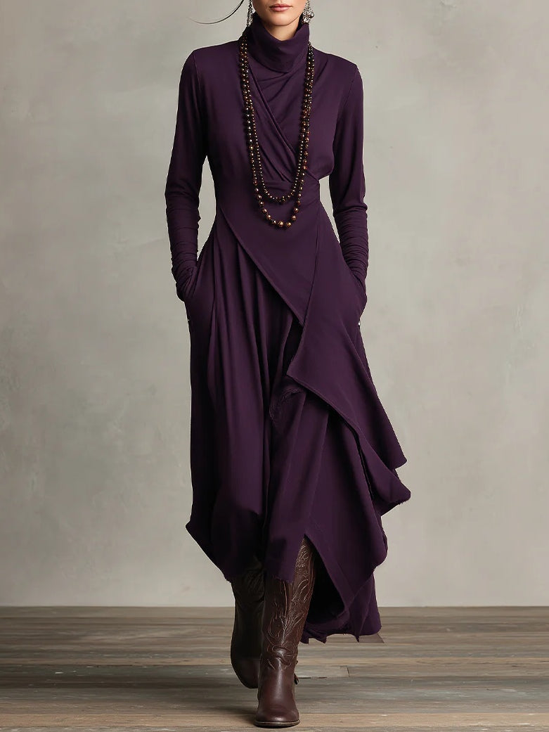 Abito lungo donna drappeggiato con collo alto e design asimmetrico