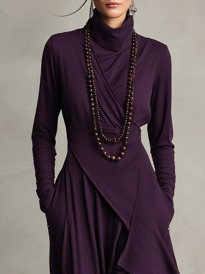 Abito lungo donna drappeggiato con collo alto e design asimmetrico
