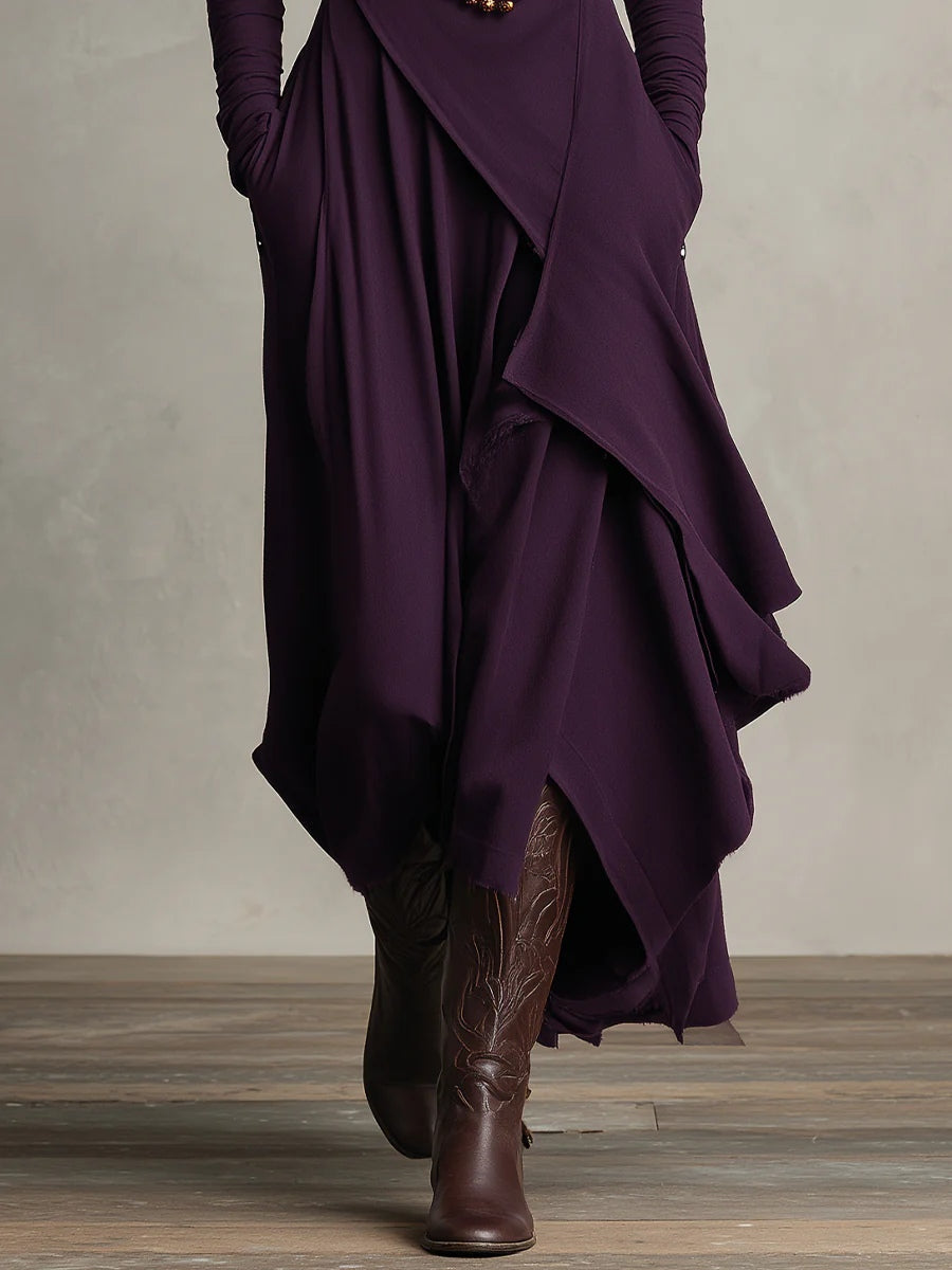 Abito lungo donna drappeggiato con collo alto e design asimmetrico