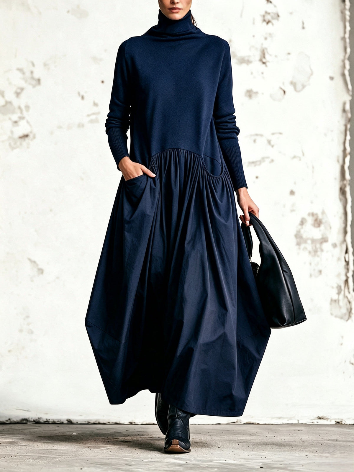 Abito lungo donna oversize con collo alto e tasche applicate