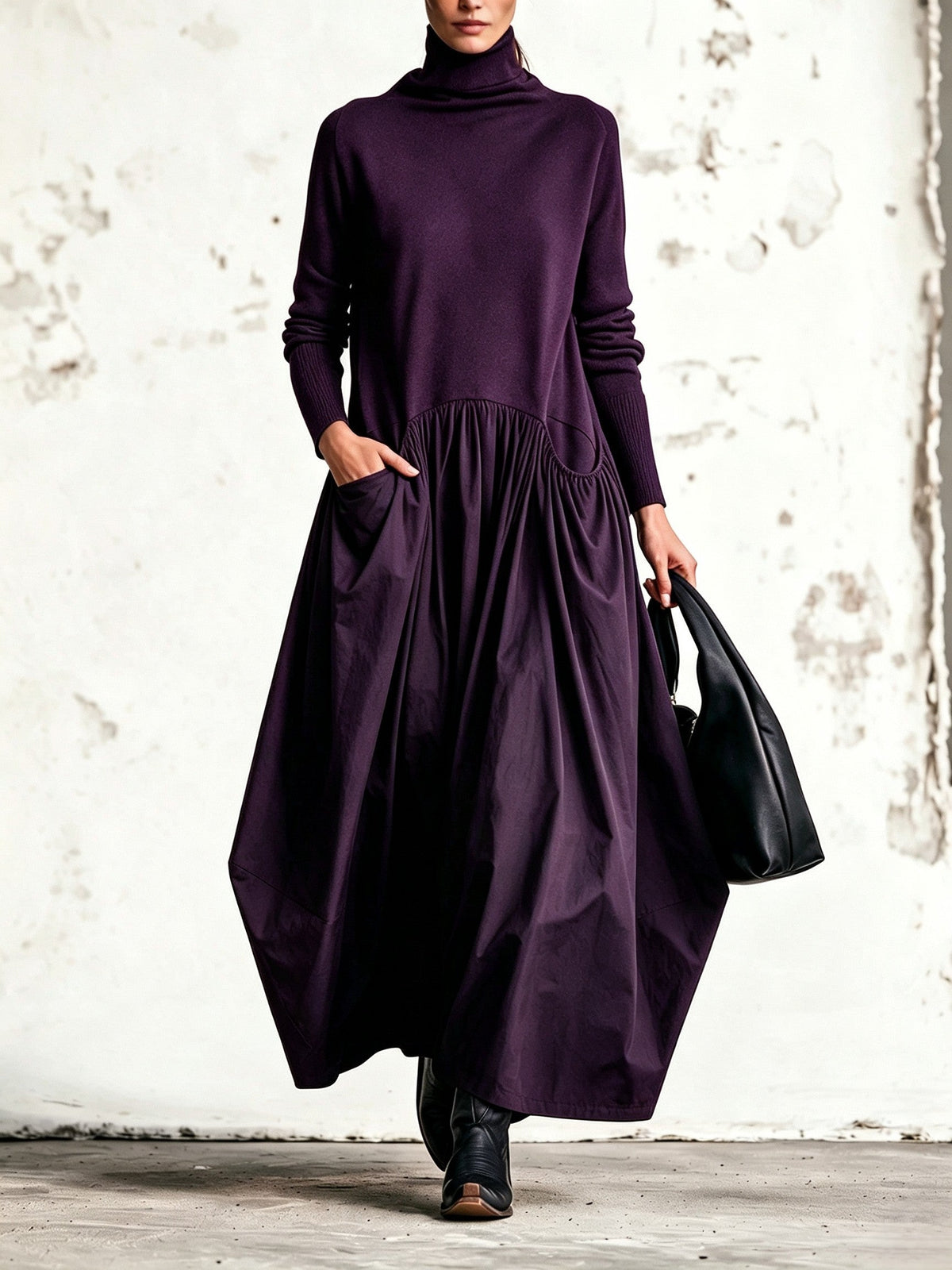 Abito lungo donna oversize con collo alto e tasche applicate