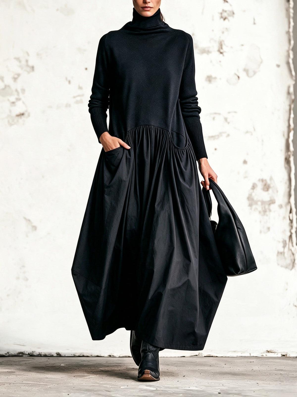 Abito lungo donna oversize con collo alto e tasche applicate