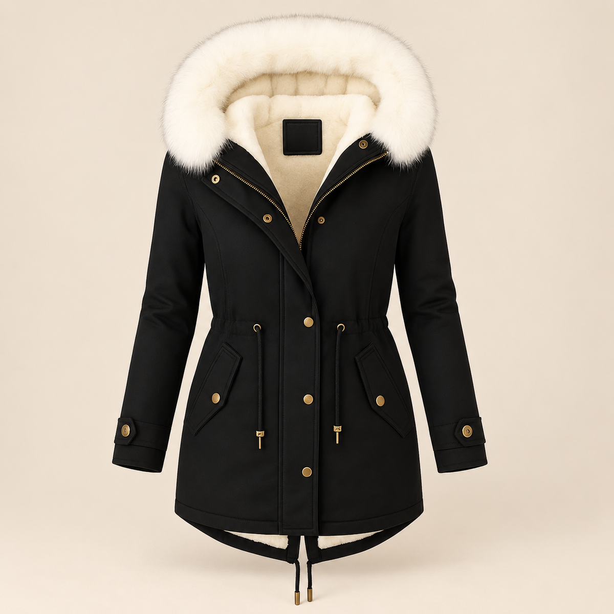 Parka lunga donna in poliestere con cappuccio e vita regolabile