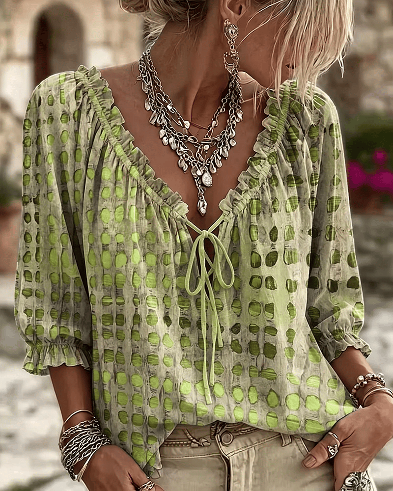 Blusa donna boho a pois con scollo a V e laccio