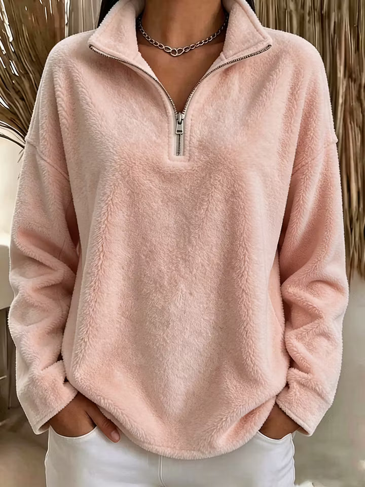Felpa donna effetto peluche con collo alto e zip corta