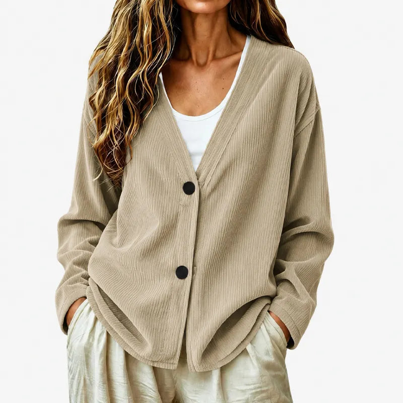 Cardigan donna a coste con scollo a V e bottoni