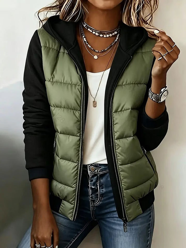 Giacca trapuntata donna bicolore con cappuccio e zip