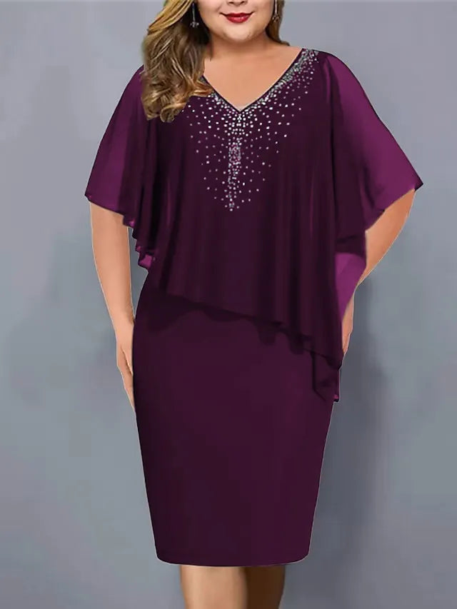 Abito midi donna elegante con strass e mantella in chiffon