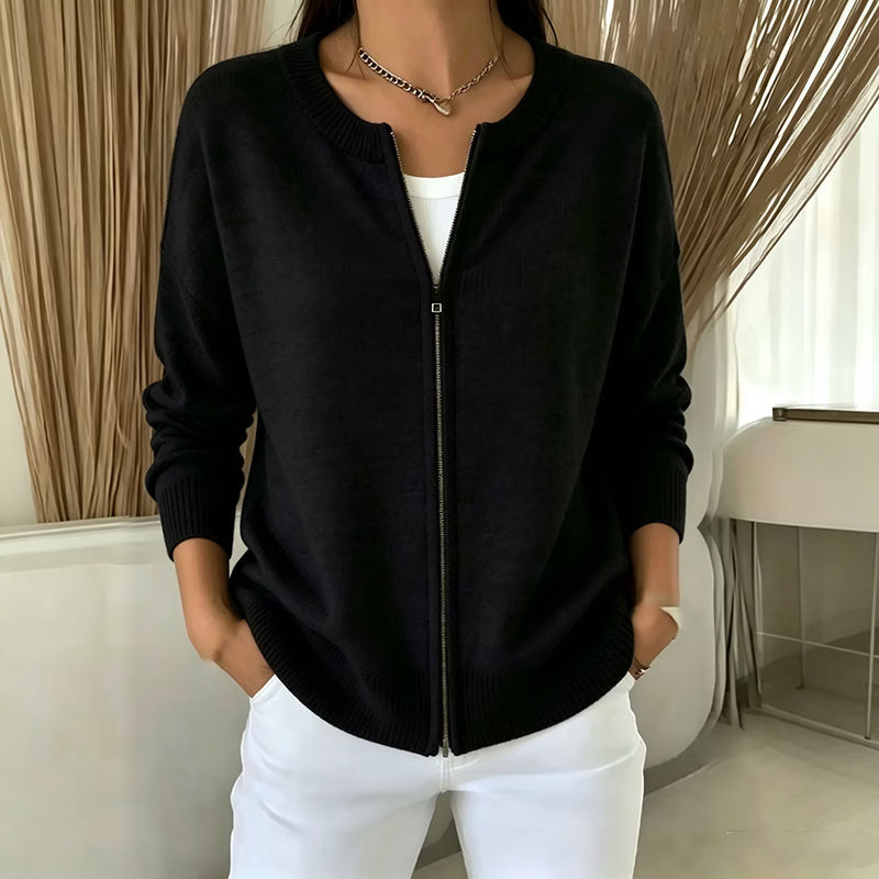 Cardigan donna in maglia con zip e collo rotondo