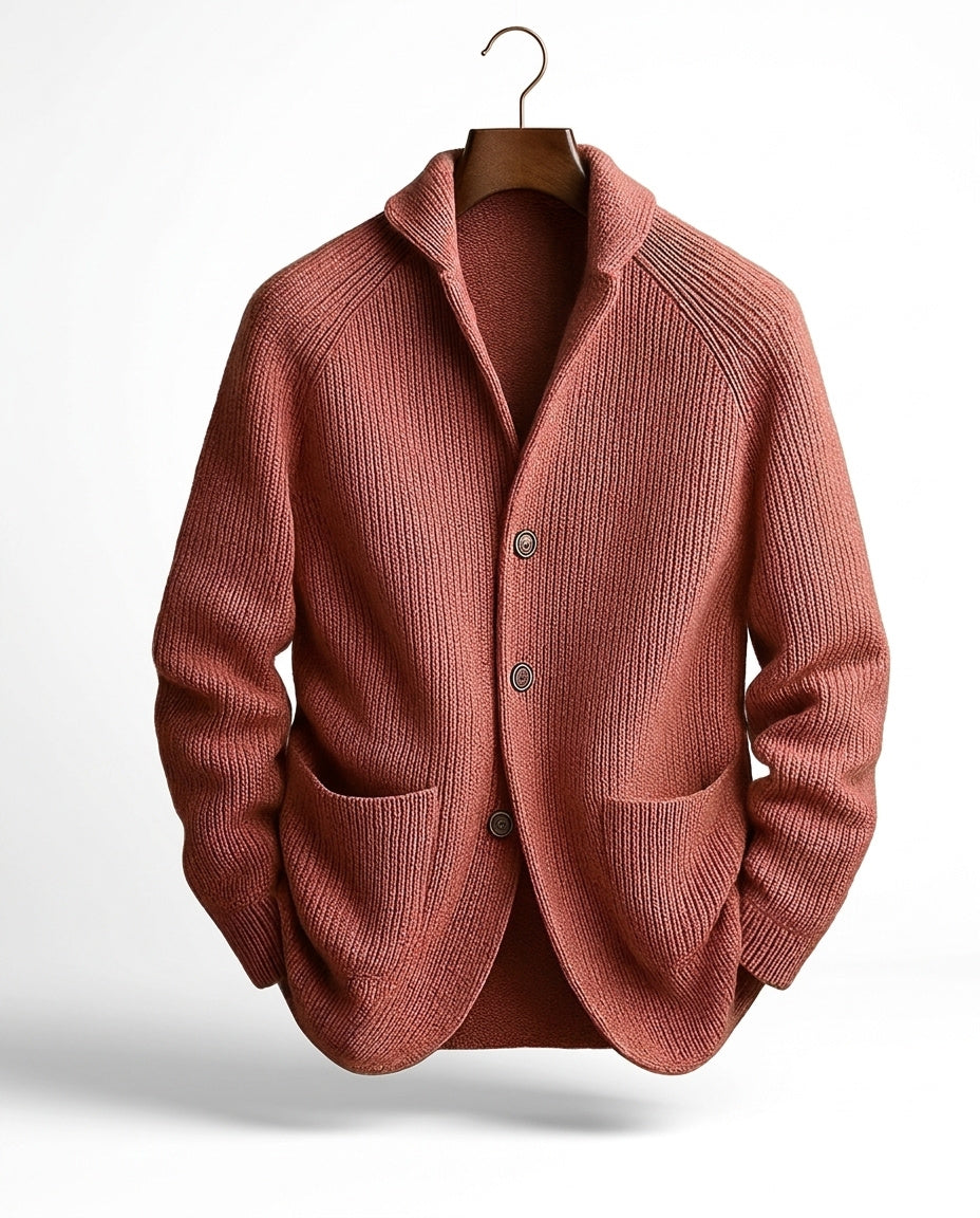 Cardigan uomo in maglia a coste con collo a scialle e bottoni