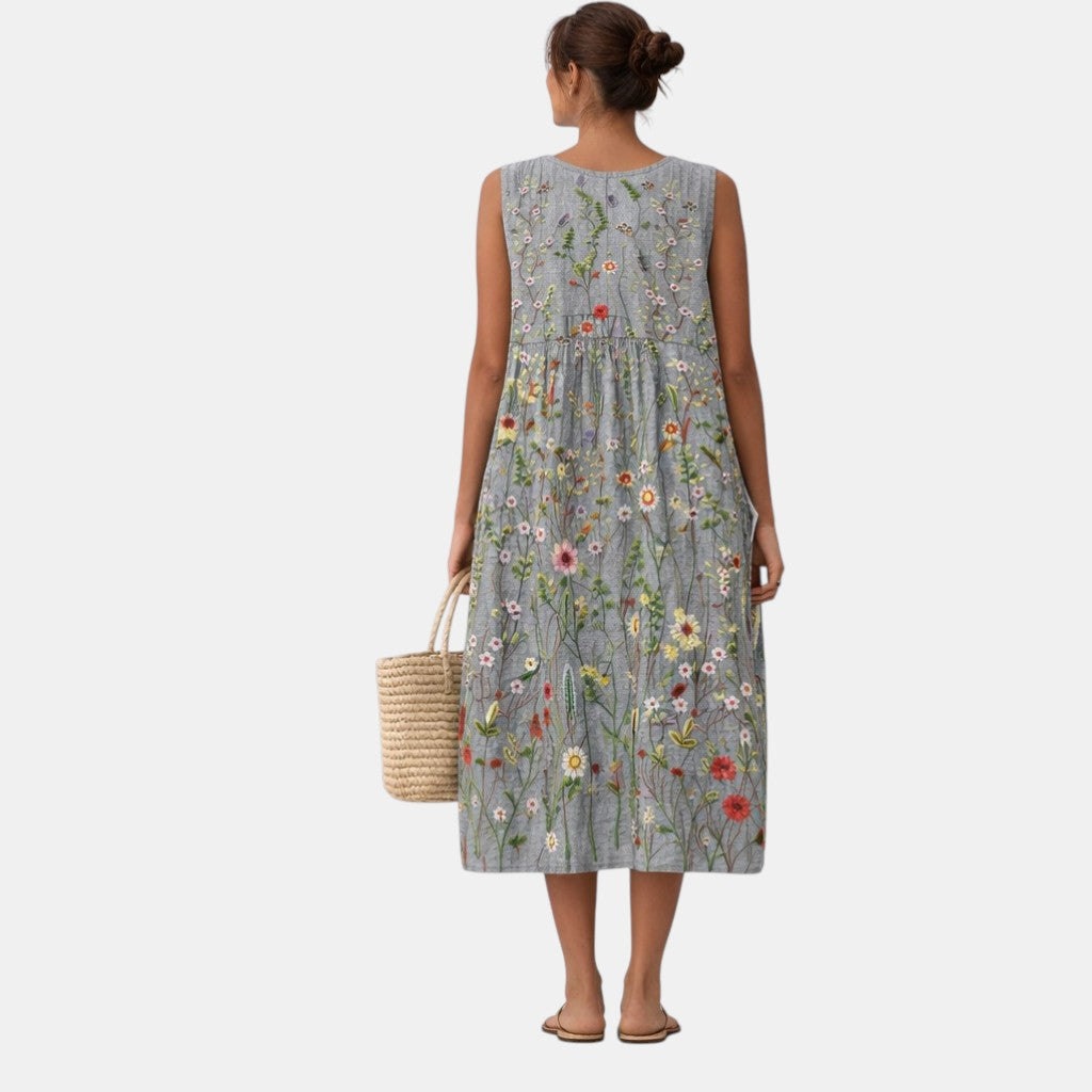Abito midi donna in cotone viscosa con ricamo floreale