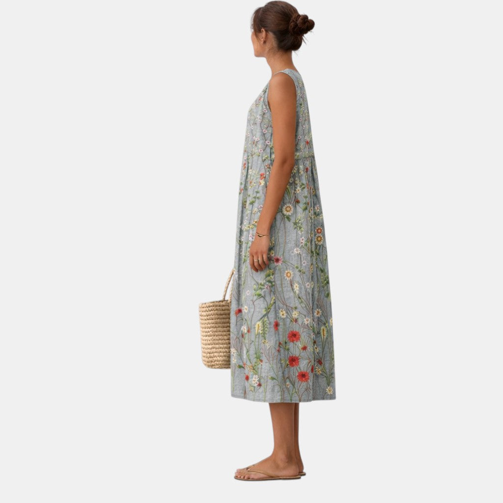 Abito midi donna smanicato con stampa botanica delicata