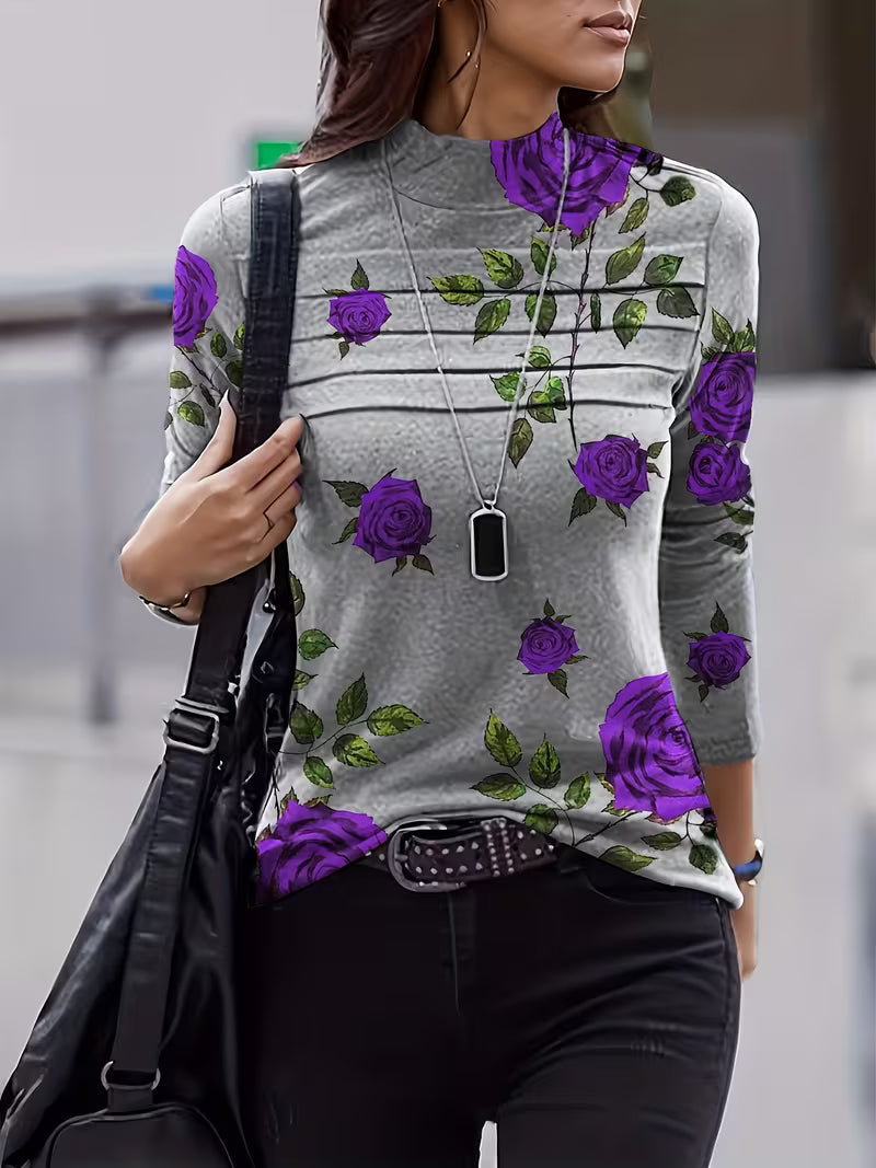 Top donna floreale in lana con collo alto e maniche tre quarti
