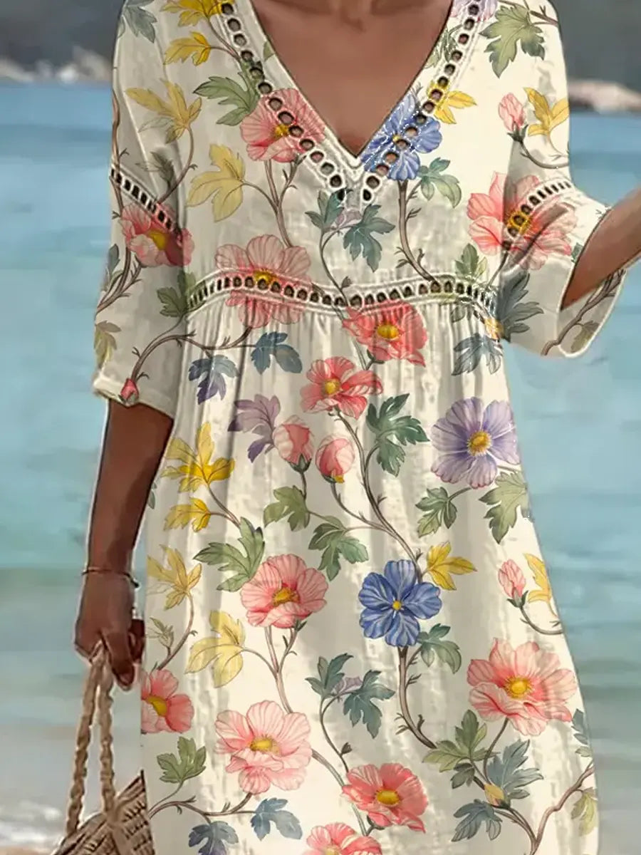 Abito midi donna cotone lino con stampa floreale e collo a V