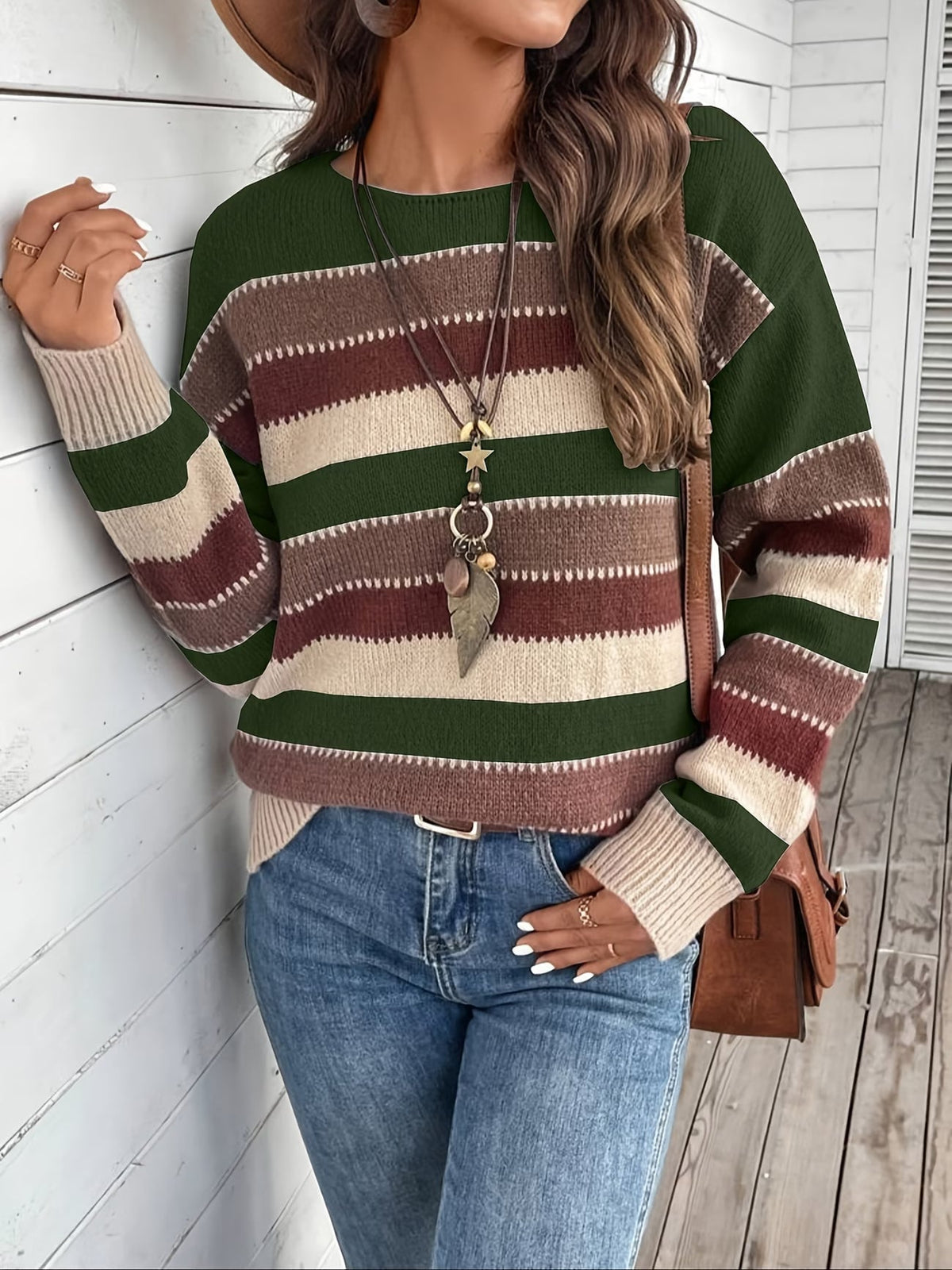 Maglione donna a righe colorblock con girocollo e maniche lunghe