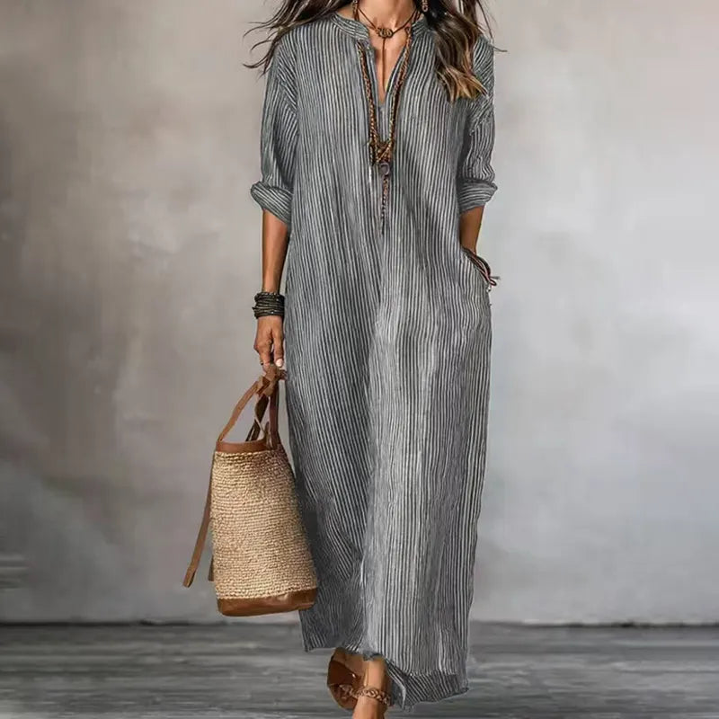 Abito maxi donna a righe con scollo a V e tasche