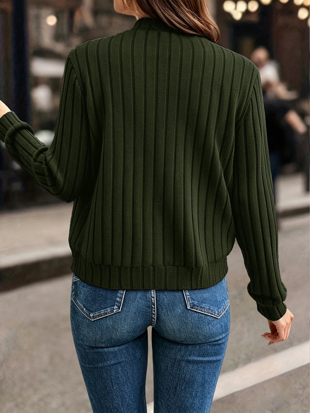 Cardigan donna a coste con zip frontale e maniche lunghe