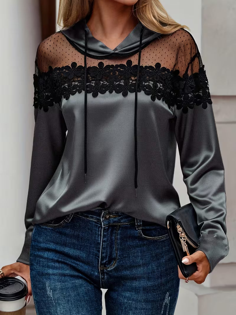 Felpa donna elegante con cappuccio, pizzo e inserto trasparente