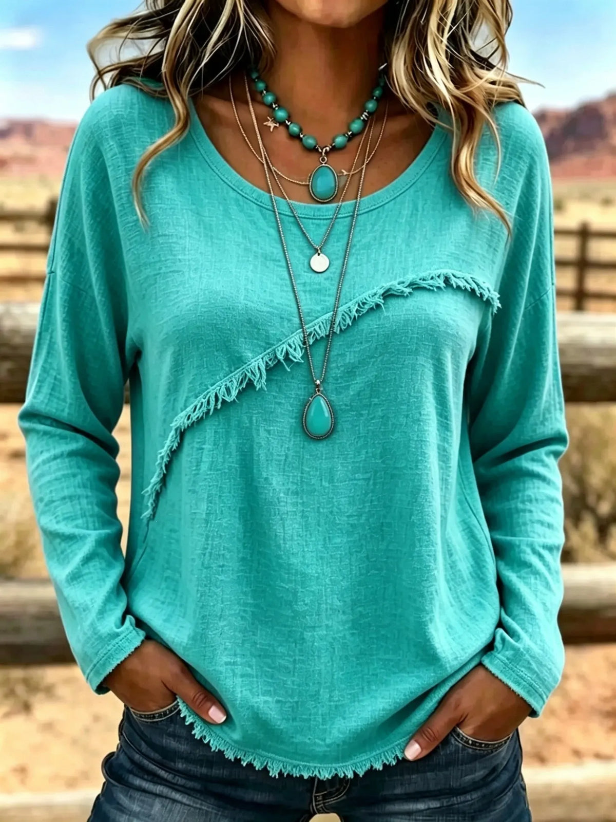 Blusa donna bohémien con frange e collo rotondo