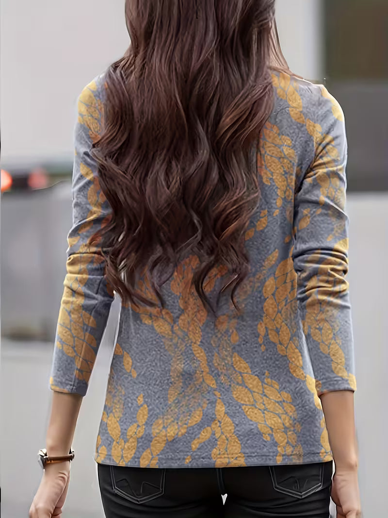 Top donna floreale in lana con collo alto e maniche tre quarti