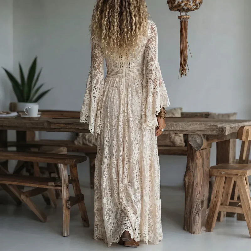 Abito lungo donna vintage in pizzo con maniche svasate