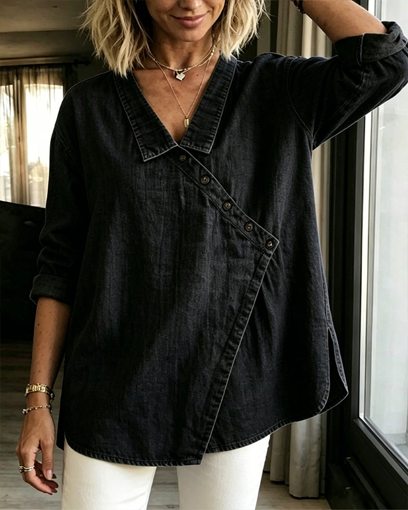 Blusa donna effetto denim con bottoni diagonali