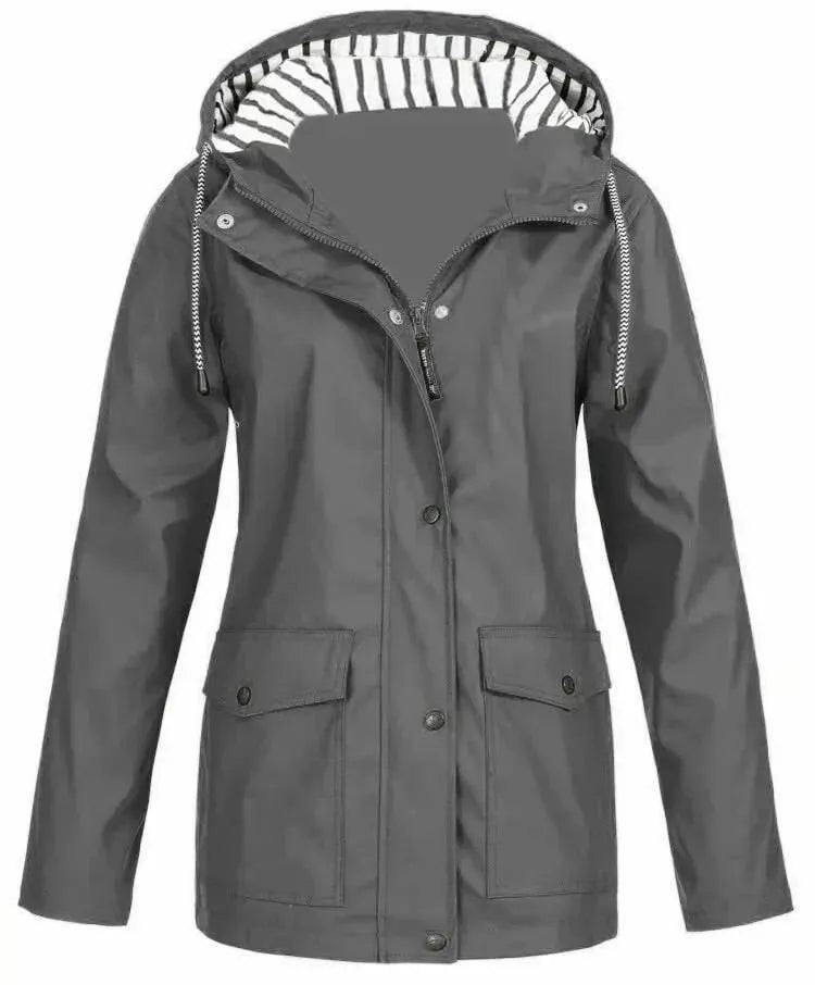 Giacca impermeabile donna con cappuccio e tasche frontali