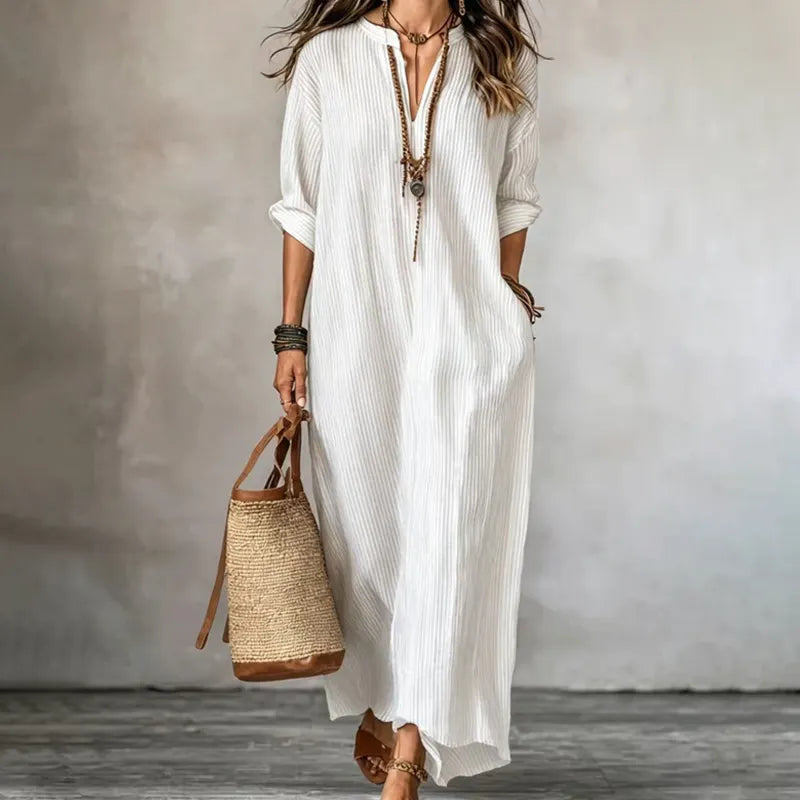 Abito maxi donna a righe con scollo a V e tasche