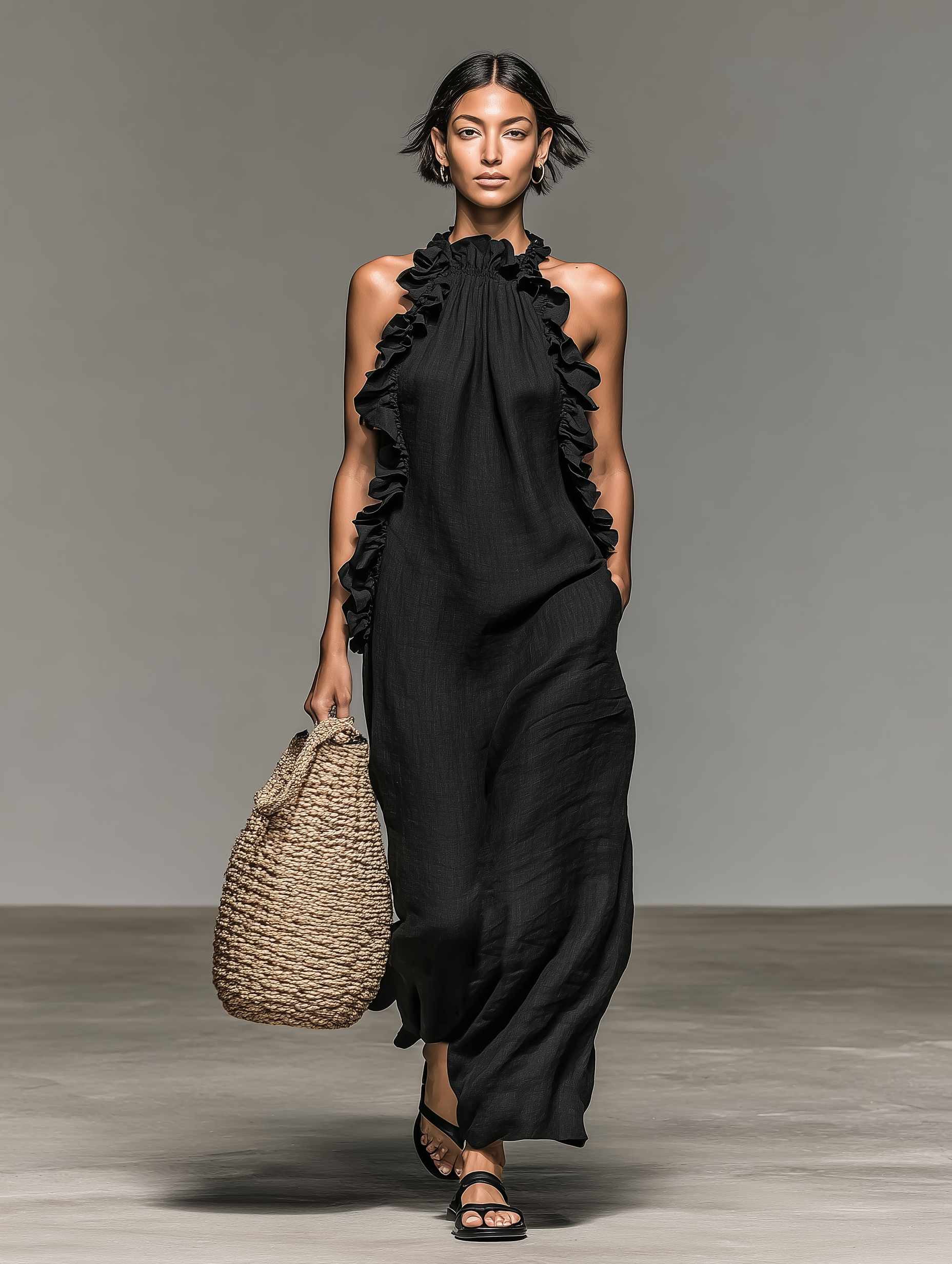 Abito maxi donna senza maniche con volant e tasche