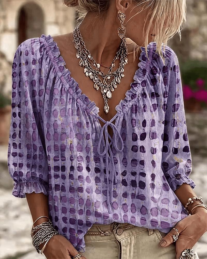 Blusa donna boho a pois con scollo a V e laccio