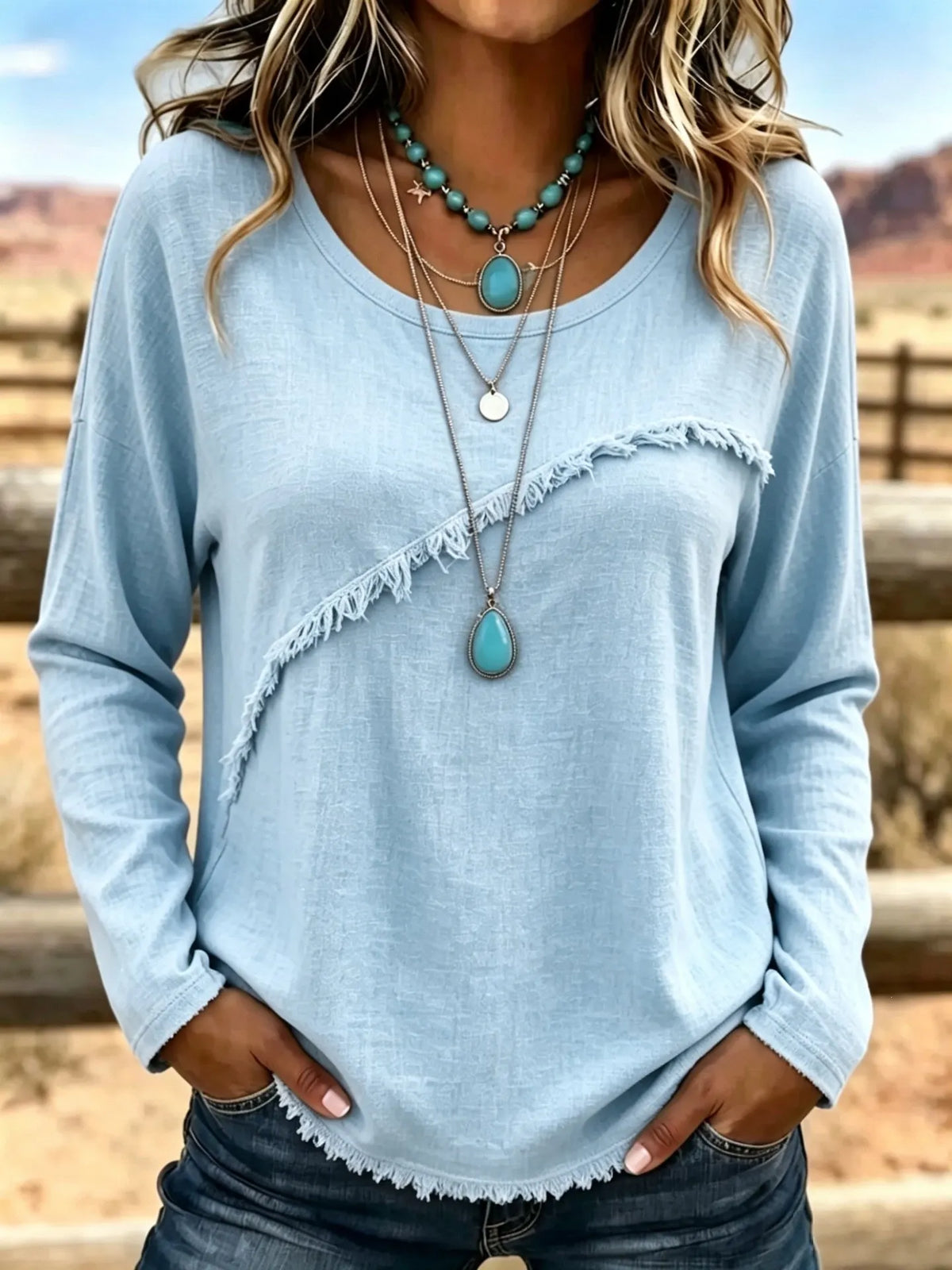 Blusa donna bohémien con frange e collo rotondo