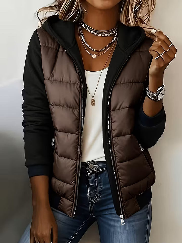 Giacca trapuntata donna bicolore con cappuccio e zip
