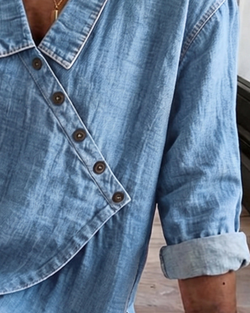 Blusa donna effetto denim con bottoni diagonali