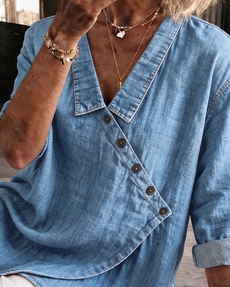 Blusa donna effetto denim con bottoni diagonali